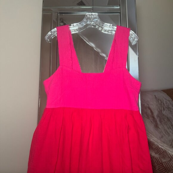 NEW Natural Life Boho Mini Dress Size Large Red Pink Colorblock Cotton Elastic - Picture 4 of 9